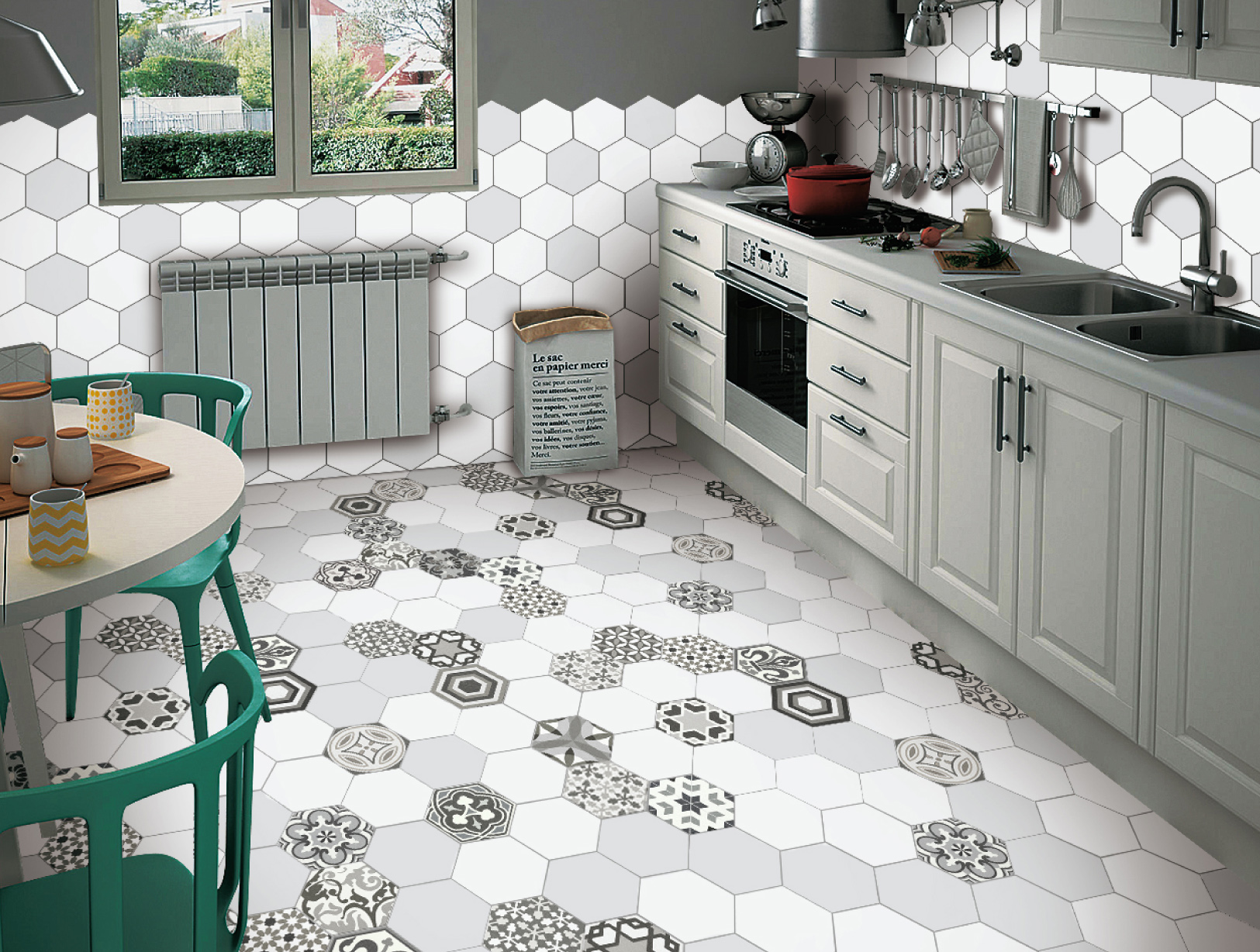 Gray Hexagon Tile in Kitchen