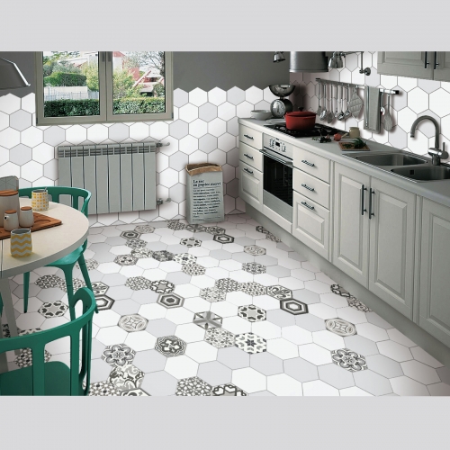Gray Hexagon Tile in Kitchen